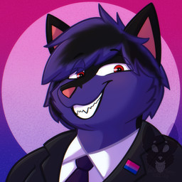 accessory anthro biped bisexual_pride_colors black_clothing black_ears black_hair black_jacket black_lips black_markings black_topwear blue_necktie circle_background clothed clothed_anthro clothed_male clothing countershade_fur countershading facial_markings fur glistening glistening_eyes grin hair head_markings jacket lgbt_pride lips male male_anthro markings mask_(marking) necktie pink_inner_ear pink_nose pointy_ears prick_ears pride_color_background pride_colors pupils purple_body purple_countershading purple_fur purple_hair red_eyes simple_background smile solo topwear white_dress_shirt strawberrymilkdog inari_(frenchiekrueger) canid canine fox fox_spirit mammal 1:1 watermark