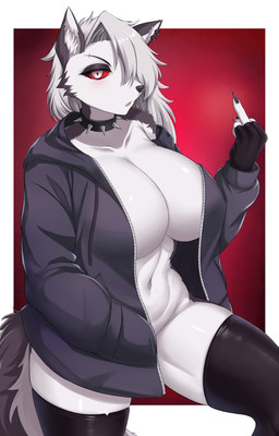 anthro big_breasts breasts clothing collar ear_piercing ear_ring female fingerless_gloves fur gesture gloves grey_hair hair hand_gesture handwear huge_breasts jacket legwear middle_finger one_eye_obstructed piercing red_sclera ring_piercing solo spiked_collar spikes tail thick_thighs thigh_highs topwear white_body white_fur wide_hips zatma hellaverse helluva_boss mythology loona_(helluva_boss) canid canid_demon canine demon hellhound mammal mythological_canine mythological_creature absurd_res hi_res