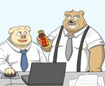 anthro brown_body brown_fur computer duo electronics eyes_closed fur kemono male necktie overweight overweight_male simple_background sitting bullbluedog bear domestic_pig mammal suid suina sus_(pig) 2020 hi_res