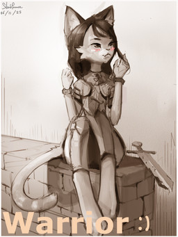 anthro armor blush female flat_chested medieval melee_weapon poster sitting solo sword warrior weapon silentpounce felid mammal 3:4 absurd_res hi_res huge_filesize