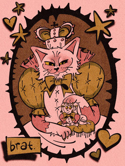 ambiguous_gender anthro biped black_text clothing crown dress duo female headgear headpat human_pet macro macro_anthro matching_outfits micro micro_female micro_human on_cushion petting pink_background role_reversal shadow simple_background size_difference smile text whiskers yellow_sclera dorian_scar domestic_cat felid feline felis human mammal english_text handwritten_text hi_res restricted_palette
