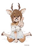 antlers bandage blush brown_body brown_eyes brown_fur brown_hair clothed clothing cloven_hooves crossdressing dress femboy fur gesture gloves_(marking) hair hand_gesture hooves horn kneeling leg_markings looking_at_viewer male markings multicolored_body multicolored_fur simple_background smile socks_(marking) solo two_tone_body two_tone_fur v_sign white_background white_body white_fur goatdraw deer mammal 2020 absurd_res hi_res