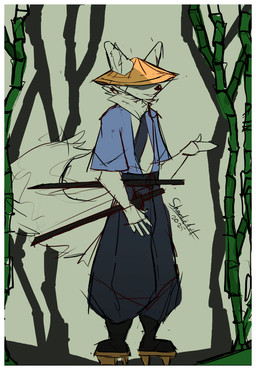 5_fingers anthro asian_clothing bamboo blue_clothing blue_shirt blue_topwear border bottomwear clothing east_asian_clothing eyeshadow fingers flippers fur hat headgear headwear japanese_clothing katana kimono makeup male melee_weapon messy pants samurai shirt simple_background solo standing sword swordsman topwear warrior weapon white_body white_border white_fur shardie canid canine fox mammal absurd_res hi_res