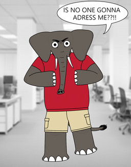 anthro big_ears blurred_background bottomwear cargo_shorts chair clothing desk exclamation_point furniture grey_background looking_at_viewer male office office_chair pillar proboscis_(anatomy) shirt shorts simple_background solo speech_bubble t-shirt table text topwear trunk_(anatomy) tusks redcrystal elephant elephantid mammal proboscidean hi_res meme