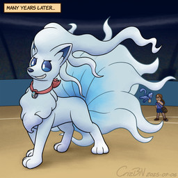 9_tails after_transformation ambiguous_gender blue_body blue_bottomwear blue_clothing blue_eyes blue_shirt blue_shorts blue_topwear bodily_fluids bottomwear brown_clothing brown_footwear brown_hair brown_shoes canine_teeth clothed clothing eye_contact eyewear feral flowing_hair footwear glasses group hair long_hair looking_at_another multi_tail narration pointy_ears red_scarf ring scarf shirt shoes shorts smile stadium sweat sweatdrop tail toony topwear trio wearing_glasses wearing_shorts white_body crizbn nintendo pokemon chris_(crizbn) alolan_form alolan_ninetales generation_1_pokemon generation_2_pokemon generation_7_pokemon human legendary_pokemon mammal mew_(pokemon) pokemon_(species) quilava regional_form_(pokemon) shiny_pokemon 1:1 2025 hi_res shaded signature simple_shading nonbinary_(lore)