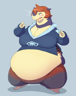 5_fingers alternate_species anthro belly big_belly big_breasts biped blush bottomwear breasts brown_hair clothing female fingers grey_background hair implied_transformation looking_down open_mouth pants shirt simple_background solo standing surprised topwear weight_gain subakitsu nintendo pokemon arezu_(pokemon) generation_2_pokemon mammal pokemon_(species) typhlosion 2022