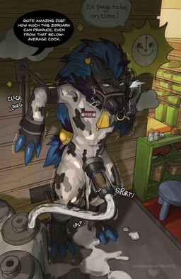 3_fingers animal_print anthro bdsm biped black_body black_fur blue_claws blue_hair bodily_fluids bondage bound claws clothing collar cow_costume cow_print cowbell cum cum_collecting cum_on_feet cum_on_ground cum_pool cum_slave detailed_background dialogue ear_piercing erection excessive_cum excessive_genital_fluids feet fingers fur genital_fluids genitals glistening hair humiliation latex latex_clothing latex_skinsuit looking_at_viewer machine male milking_machine muzzle_(object) muzzled offscreen_character overstimulation penile penis penis_humiliation penis_milking penis_milking_machine piercing skinsuit small_penis_humiliation solo speech_bubble teeth text tight_clothing toe_claws tube yellow_eyes heartbeats nintendo pokemon generation_5_pokemon mammal pokemon_(species) zoroark 2022 absurd_res digital_drawing_(artwork) digital_media_(artwork) english_text hi_res