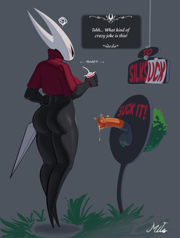 5_fingers balls beverage biped blush bodily_fluids butt clothing colored_cum cum dialogue drinking_straw duo ellipsis exclamation_point eyelashes female fingers genital_fluids genitals glory_hole grass grey_background holding_beverage holding_melee_weapon holding_object holding_weapon male melee_weapon orange_cum orange_penis penis plant question_mark red_clothing red_text simple_background small_but_hung standing talking_to_self text unusual_bodily_fluids unusual_cum unusual_genital_fluids weapon white_text wristband mitiz-art hollow_knight_(franchise) team_cherry hornet_(hollow_knight) arthropod infected_(species) mosscreep 2025 english_text hi_res signature