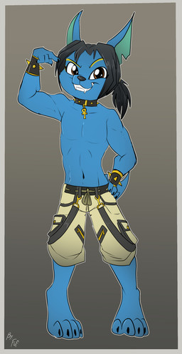 ankh anthro biped black_hair black_nose blue_body blue_fur bottomwear bracelet claws clothed clothing collar digitigrade eyebrows front_view fur grin hair hand_on_hip hand_on_own_hip jewelry male navel ponytail short_hair shorts simple_background smile solo spiked_bracelet spiked_collar spikes standing toe_claws topless topless_male fuf rainbow_butterfly_unicorn_kitty miguel_(rainbow_butterfly_unicorn_kitty) anubian_jackal canid canine canis chihuahua domestic_dog hybrid jackal mammal toy_dog 2019 hi_res