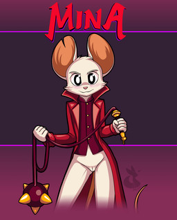 anthro blush bottomless clothed clothing coat female flat_chested fur genitals holding_object holding_weapon looking_at_viewer mace melee_weapon notched_ear shirt simple_background smile solo tail text topwear vulva weapon whip white_body white_fur mancoin mina_the_hollower yacht_club_games mina_(mina_the_hollower) mammal mouse murid murine rodent digital_media_(artwork) hi_res signature
