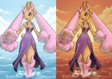 anthro anthrofied biped breasts brown_body brown_fur cleavage clothed clothing cloud dress female floppy_ears fur jewelry long_ears necklace outside pink_body pink_eyes pink_fur pink_nose pokemorph sea sky smile solo standing sunset tuft water wide_hips alanscampos nintendo pokemon generation_4_pokemon lagomorph lopunny mammal pokemon_(species) shiny_pokemon 2012 hi_res