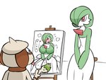4:3 ambiguous_gender anthro aroused artist bedroom_eyes big_breasts blush blush_lines bodily_fluids breasts clothing dialogue dress duo female gardevoir generation_2_pokemon generation_3_pokemon green_hair hair hair_over_eye hi_res huge_breasts humanoid japanese_text nakineiriko narrowed_eyes nintendo not_furry one_eye_obstructed painting pokemon pokemon_(species) portrait red_eyes seductive simple_background sitting smeargle smile speech_bubble steam sweat text tongue tongue_out
