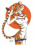 anthro biped breasts clothing female nipples nude pose simple_background solo standing undressing white_background terrie_smith felid mammal pantherine tiger 2002 absurd_res hi_res pinup signature traditional_media_(artwork)