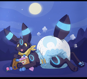4_fingers 4_toes ambiguous_gender bag big_diaper black_body black_ear_tips black_ears black_fur black_nose black_tail black_tail_tip blue_body blue_ears blue_fur blue_pawpads blue_tail blush blush_lines clean_diaper clothed clothing cloud_emanata detailed_background diaper diaper_puff dipstick_ears dipstick_tail ear_markings emanata feet feral fingers food fruit fur gem holding_bag huge_diaper kerchief lying markings moon mountain multicolored_body multicolored_ears multicolored_fur neckerchief neckwear night on_front open_mouth open_smile oran_berry pawpads pecha_berry plant pokemon_berry ring_(marking) ringed_ears ringed_tail satchel sky smile solo striped_markings striped_tail stripes tail tail_markings toes two_tone_body two_tone_fur wearing_diaper yellow_kerchief yellow_neckerchief yellow_sclera jupiters nintendo pokemon pokemon_mystery_dungeon spike_chunsoft cress_(sanicgamer1999) eeveelution generation_2_pokemon pokemon_(species) shiny_pokemon umbreon hi_res letterbox