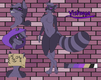 anthro biped box box_on_head breasts claws container feet female female_anthro fingers fluffy fur hair looking_at_viewer nude paws smile smirk solo standing sweets tail text tuft superplus vishnya mammal procyonid raccoon digital_media_(artwork) hi_res model_sheet