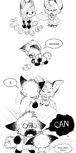 ambiguous_gender angry anthro beady_eyes bell bell_collar bodily_fluids box chibi collar container dialogue duo empty_eyes eyes_closed fangs featureless_crotch fur hair membrane_(anatomy) membranous_wings nude open_mouth pawpads pokeball scared star_symbol sweat teeth text toy wings silverfox5213 ambient_among_us among_us innersloth labubu_(toy) nintendo pokemon pop_mart the_monsters_(kasing_lung) comet_(silverfox5213) labubu_(character) silverfox5213_(character) bat canid canine fox labubu mammal red_fox true_fox 2025 black_and_white comic english_text hi_res monochrome male_(lore)