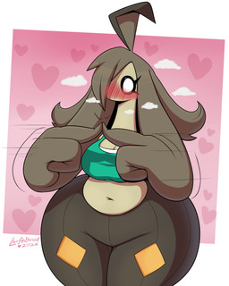 anthro belly biped blush bottomless breasts clothed clothing eyelashes female hair hair_hand hair_over_eye heart_symbol hidden_mouth holidays index_to_index motion_lines navel one_eye_obstructed solo standing text thick_thighs wide_hips latiar nintendo pokemon valentine's_day harriett_(latiar) generation_6_pokemon gourgeist pokemon_(species) 2026 4:5 english_text hi_res