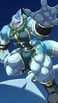 abs anthro big_muscles biped blue_clothing bulge clothing fin huge_muscles male male_anthro membrane_(anatomy) muscular muscular_anthro muscular_male muscular_thighs open_mouth pecs shark_fin shark_tail sharp_teeth simple_background solo tail teeth tight_clothing webbed_hands sharkinn shangri-la_frontier araba_(shangri-la_frontier) ambient_sealife fish marine shark 2025 digital_drawing_(artwork) digital_media_(artwork) hi_res