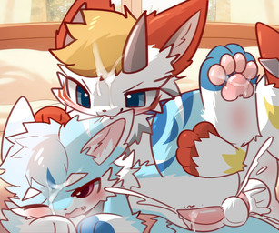 anal anal_penetration anthro arm_tuft balls belly_tuft bite blonde_hair blue_body blue_eyes blush bodily_fluids cum cum_drip cum_in_hair cum_on_face cum_on_own_face cum_on_own_penis cum_on_pawpads cum_on_penis cum_on_self cumshot_in_ass dipstick_ears dripping duo ear_bite ear_markings elbow_markings elbow_tuft fingerless_(marking) from_behind_position genital_fluids genitals grey_highlights grey_horn hair highlights_(coloring) horn leg_markings looking_at_another looking_at_partner lying male male/male markings multicolored_ears narrowed_eyes navel_tuft nude_male on_side open_mouth pawpads penetration penile penile_penetration penis penis_in_ass pink_eyes pink_inner_ear pink_pawpads red_ears sex tuft white_body young ras_soy mythology canid canine canis dragon mammal mythological_creature mythological_scalie scalie wolf hi_res