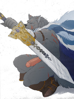 anthro big_penis biped black_body black_fur black_nose boots cloak clothing fangs footwear foreskin fur genitals humanoid_genitalia humanoid_penis male melee_weapon penis scar shoes simple_background solo sword teeth weapon white_background sellon elden_ring fromsoftware blaidd_(elden_ring) canid canine canis mammal wolf absurd_res hi_res
