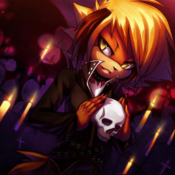 5_fingers anthro belt biped black_collar bone candle cemetery church claws collar fingers front_view fur hair holding_object holding_skull male orange_hair skull smile smirk smug solo standing studded_collar studs wings yellow_eyes ann-jey sega sonic_the_hedgehog_(series) fan_character canid canine canis domestic_dog mammal 1:1