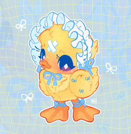ambiguous_gender band-aid band-aid_on_face bandage bandage_on_face bow_ribbon feathered_wings feathers feet feral membrane_(anatomy) solo toes webbed_feet wings young young_feral takoya_de anatid anseriform avian bird duck hi_res