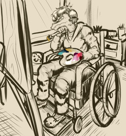 anthro brush clothing disability eyelashes female fingers footwear hair hoodie inside paint paintbrush palette paraplegic shoes short_hair slippers snout solo topwear vehicle wheelchair wikd_xd cavemanon_studios i_wani_hug_that_gator olivia_halford baryonyx dinosaur prehistoric_species reptile saurischian scalie spinosaurid theropod 2023 absurd_res black_and_white digital_media_(artwork) hi_res monochrome spot_color