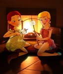 babydoll blonde_hair blue_eyes blush boots candy clothing dessert duo female fireplace food footwear hair marshmallow nightgown red_hair shoes lily-fox disney pixar toy_story bo_peep_(pixar) jessie_the_yodeling_cowgirl distracting_watermark watermark