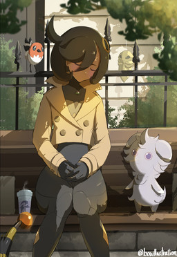 ambiguous_gender anthro beak black_hair blue_eyes clothing coffee_cup container cup dark_body dark_skin eyes_closed feathers female feral fur gloves grey_body grey_fur group hair handwear multicolored_body pink_sclera plant purple_eyes shrub tail bouillustration nintendo pokemon pokemon_legends_z-a emma_(pokemon) avian bird espurr fletchling generation_1_pokemon generation_2_pokemon generation_6_pokemon human kakuna mammal mareep pokemon_(species) 2025 absurd_res hi_res signature