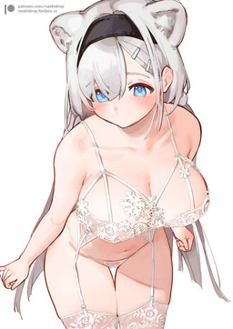 big_breasts blue_eyes blush bra breasts clothing female garter_straps grey_hair hair legwear lingerie long_hair panties simple_background solo stockings text thigh_highs underwear white_background nashidrop arknights hypergryph studio_montagne aurora_(arknights) animal_humanoid bear humanoid mammal mammal_humanoid polar_bear_humanoid ursid_humanoid ursine ursine_humanoid 2024 hi_res url