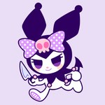 1:1 2019 alternative_fashion anthro big_bow biped blush blush_stickers bone bow_accessory chibi creepy_cute demon eyelashes feet female goth holding_knife holding_object knife kuromi lagomorph leporid mammal nekozneko onegai_my_melody pastel_goth pastel_theme pawpads purple_theme rabbit sanrio skull skull_bow solo spade_tail spotted_bow tail walking white_body