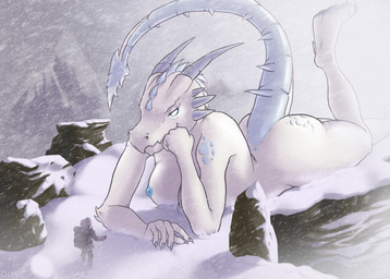 anthro big_butt blizzard_(weather) breasts butt female glowing glowing_eyes hand_on_face horn looking_down lying macro macro_female mountain nipples no_pupils non-mammal_breasts non-mammal_nipples nude on_front outside raised_leg rock smile snow spiked_tail spikes spikes_(anatomy) tail three-quarter_view white_body depre mythology dragon mythological_creature mythological_scalie scalie