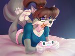 4_toes anthro barefoot clothed clothing cookie countershade_feet countershading eyewear feet female food foot_focus gaming glasses humanoid_feet plantigrade playing_video_game purple_eyes soles solo toes conditional_dnp puffypinkpaws zp92 chloe_shiwulf canid canine canis mammal wolf