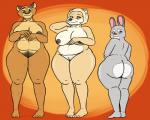 anthro anthrofied belly big_breasts big_butt breasts butt female fur genitals grey_body grey_fur group hair looking_at_viewer mature_anthro mature_female nipples nude overweight pubes pussy simple_background slightly_chubby smile thick_thighs white_body white_fur yellow_body yellow_fur oystercatcher7 alpha_and_omega crest_animation_studios disney dreamworks madagascar_(series) zootopia bonnie_hopps eve_(alpha_and_omega) florence_the_lioness canid canine canis felid lagomorph leporid lion mammal pantherine rabbit wolf 5:4 digital_media_(artwork) hi_res