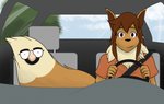 anthro brown_body brown_fur brown_hair car driving eyewear female fur glasses groucho_glasses hair humor inside_car inside_vehicle pokemorph purple_eyes solo tan_body tan_fur vehicle calliecho nintendo pokemon emery_(p_and_e) eevee generation_1_pokemon mammal pokemon_(species)