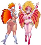 big_breasts big_butt bodily_fluids breasts butt butt_pose cleavage clothed clothing dark_body dark_skin duo feathers female hair holidays looking_back markings mole_(marking) not_furry pose potbelly samba samba_dancer samba_outfit simple_background slightly_chubby standing sweat thong tight_clothing underwear white_background white_hair wide_hips synecdoche brazilian_carnival carnival_(holiday) plus-sized_elf elfuda_(plus-sized_elf) kuroeda_(plus-sized_elf) dark_elf elf humanoid hi_res