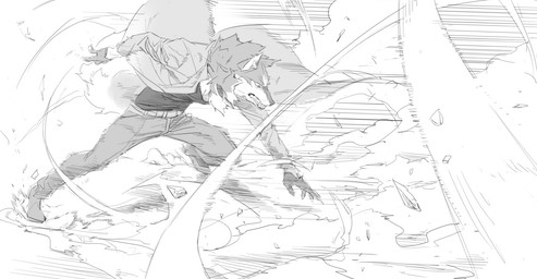 anthro biped black_clothing black_shirt black_topwear bottomwear clenched_teeth clothed clothing footwear fur male open_mouth pants shirt shockwave shoes solo teeth topwear white_body white_fur yoshi.kaoru brand_new_animal studio_trigger shirou_ogami canid canine canis mammal wolf 2020 hi_res monochrome