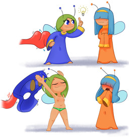antennae_(anatomy) barefoot blue_clothing blue_hair blue_robe blue_wings bodily_fluids bottomwear breasts clothed clothing duo feet female green_clothing green_hair green_panties green_underwear hair hair_over_eyes insect_wings light_body light_skin long_hair long_sleeves long_tongue nipples not_furry orange_clothing orange_robe panties panties_only pattern_bottomwear pattern_clothing pattern_panties pattern_underwear red_tongue robe saliva simple_background small_breasts tongue topless underwear underwear_only undressing_another white_background wings ruthlesspeasant poke_all_toads blue_fairy_(poke_all_toads) brave_fairy_(poke_all_toads) fairy humanoid 2koma comic hi_res
