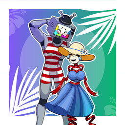 bashful blush bodily_fluids cathode_ray_tube clothed clothing crossover_ship cybernetics dress duo electronics female for_a_head hat headgear headwear interspecies larger_male machine male male/female mask one-piece_swimsuit robot_joints screen screen_face size_difference smile sun_hat sundress swimwear teardrop tears television top_hat skizzensenshi glitch_productions smg4 the_amazing_digital_circus gangle_(tadc) mr._puzzles animate_inanimate cyborg fabric_creature humanoid living_mask object_head robot screen_head tv_head tv_head_robot 1:1 absurd_res crossover hi_res