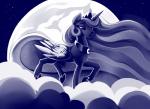 feathered_wings feathers female feral hair hooves horn moon night outside solo wings dimfann friendship_is_magic hasbro my_little_pony mythology princess_luna_(mlp) equid equine mammal mythological_creature mythological_equine winged_unicorn blue_and_white hi_res monochrome