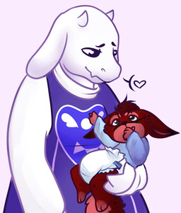 ambiguous_gender anthro clothing diaper duo fur hair neonate shirt simple_background speech_bubble topwear young young_anthro monsterbunny undertale_(series) toriel boss_monster_(undertale) 2015 archived_source digital_drawing_(artwork) digital_media_(artwork)