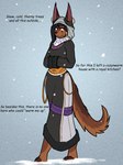 anthro clothing ear_piercing ear_ring female flesh_tunnel gauged_ear headdress piercing ring_piercing snow solo text vizelius kesis_(fluff-kevlar) canid canine canis jackal mammal 3:4 absurd_res english_text hi_res