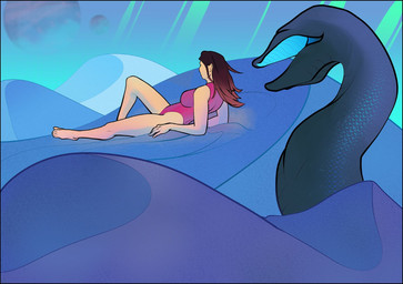 ambiguous_gender barefoot breasts brown_hair clothing desert detailed_background duo feet female feral hair lying moon on_back one-piece_swimsuit outside pink_clothing pink_swimwear sand science_fiction swimwear interstellarbay human mammal worm 2020 digital_media_(artwork) hi_res