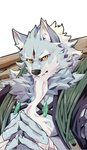 beard clothed clothing facial_hair fur grey_body grey_fur humanoid_hands male multicolored_body multicolored_fur pawpads simple_background solo two_tone_body two_tone_fur white_background white_body white_fur wood yellow_eyes relax_lion sdorica law_(sdorica) canid canine canis mammal wolf 2021