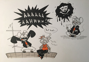 anthro buckteeth clothing dialogue duo female jacket red_eyes screaming skull_and_crossbones teeth text topwear twitching wide_eyed redphlannel night_in_the_woods lori_meyers mae_borowski domestic_cat felid feline felis mammal mouse murid murine rodent english_text multiple_scenes