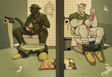 anthro balls bathroom big_balls black_body black_fur blush bodily_fluids boots bottomwear bottomwear_down clock clothed clothing combat_boots cum cumshot dog_tags ejaculation female fingering footwear foreskin fur genital_fluids genitals humanoid_genitalia humanoid_penis leaking_cum looking_at_porn looking_down magazine male male/male male_anthro masturbation military military_clothing military_hat military_uniform musk nipples pants pants_around_ankles pants_down partially_clothed penis porn_magazine pornography public_restroom raised_clothing restroom_stall shoes socks toilet_paper uniform vaginal vaginal_fingering vein veiny_penis watch whiskers wiping_cum wristwatch thekinkybear russell_ashwood_(thekbear) domestic_cat equid equine felid feline felis horse mammal hi_res