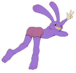 3_toes 5_fingers anthro ass_up blush blush_lines clothed clothing dark_eyes feet fingers gesture gloves hand_gesture handwear lying male on_front partially_clothed pose purple_body simple_background smile smiling_at_viewer smug smug_face smug_grin solo teeth toes underwear white_background yellow_sclera yellow_teeth froaxi glitch_productions the_amazing_digital_circus jax_(tadc) lagomorph leporid mammal rabbit flat_colors hi_res pinup