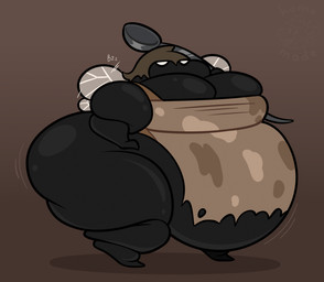 anthro apron belly big_belly big_breasts big_butt black_body breasts butt chubby_cheeks cleavage cleavage_overflow clothed clothing fat_arms fat_legs female holding_ladle holding_object huge_belly huge_breasts huge_butt kitchen_utensils ladle morbidly_obese morbidly_obese_anthro morbidly_obese_female motion_lines obese obese_anthro obese_female overweight overweight_anthro overweight_female simple_background solo standing tools torn_clothing white_eyes wings home_made hollow_knight:_silksong hollow_knight_(franchise) team_cherry lugoli_(hollow_knight:_silksong) arthropod fly_(animal) insect 2025 hi_res