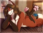 2022 4:3 4_toes anthro artist_logo bed bed_sheet bedding bedroom blue_eyes blurred_background breasts brown_body brown_fur brown_hair brown_nose butt calves_up canid canine claws crossed_ankles dated digital_drawing_(artwork) digital_media_(artwork) dipstick_tail eye_through_hair eyebrow_through_hair eyebrows feet female fluffy fluffy_breasts fluffy_paws fluffy_tail fox fur furniture hair head_on_hand hindpaw inside legs_in_air logo looking_at_viewer lying mammal mark_haynes markings multicolored_body multicolored_fur neck_tuft nude nude_anthro on_bed on_front pawpads paws pink_pawpads pinup pose red_fox smile smiling_at_viewer soles solo tail tail_markings text the_pose toe_claws toes translucent translucent_hair true_fox tuft url