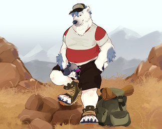 anthro arm_tuft backpack bottomwear clothed clothed_anthro clothed_male clothing erection footwear genitals hand_on_penis hat headgear headwear humanoid_genitalia humanoid_penis male male_anthro open_bottomwear open_clothing open_shorts outside overweight overweight_anthro overweight_male penis shirt shoes shorts solo toeless_footwear topwear tuft likanen bear mammal polar_bear ursine 2023